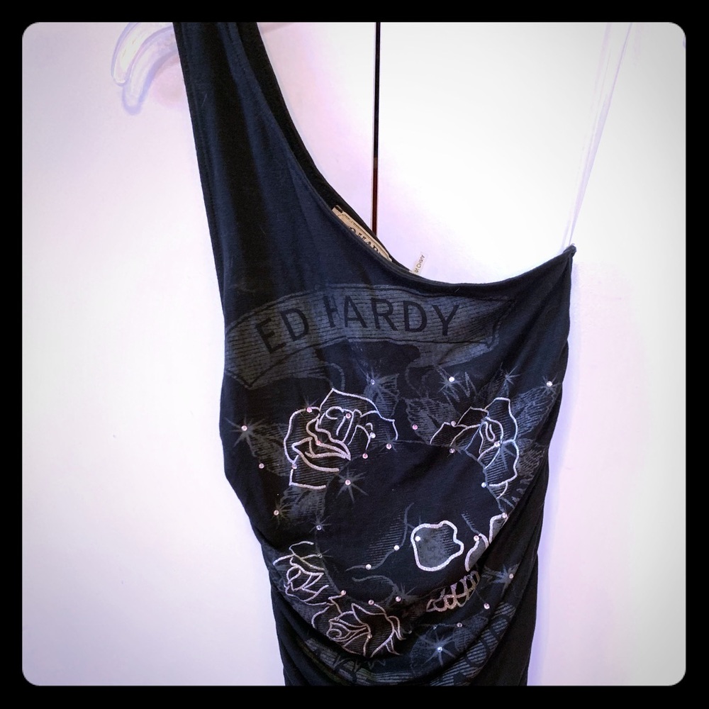 Ed Hardy skull rose embellished one shoulder dress